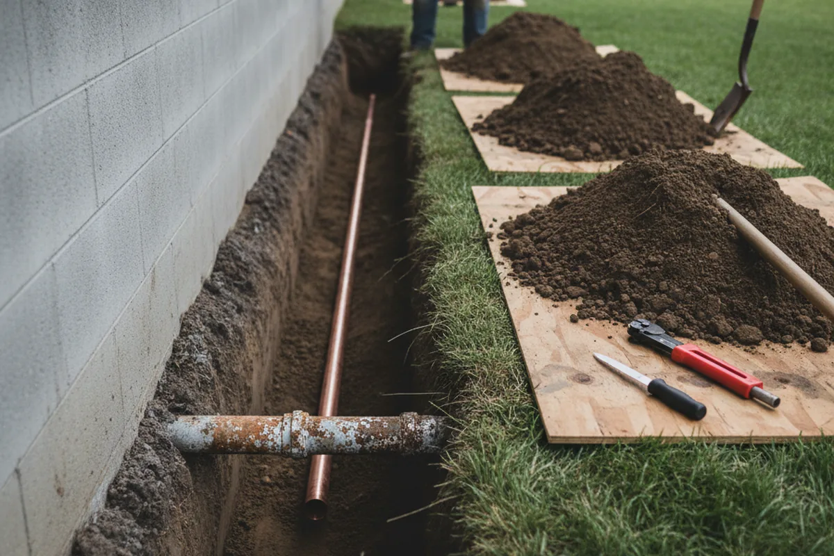 Excavated water line trench during Sewer Line Repair in Ponce De Leon